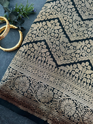 Banarasi Katan Brocade Pure Silk Saree | Black | Gold Zari | Handwoven | Silk Mark Certified | Ships from California